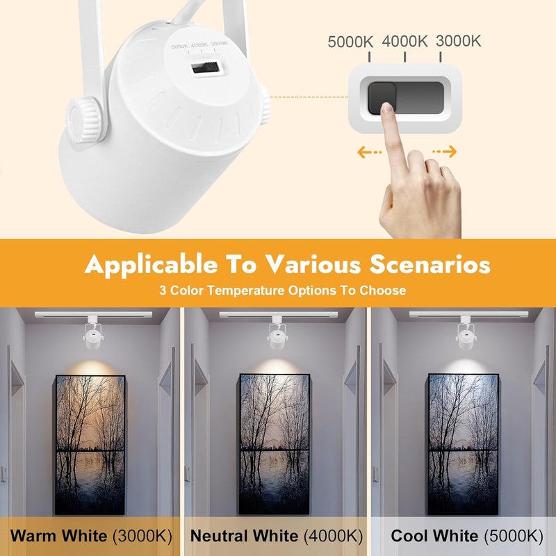 ARCFOX 9W 3 Color H Type Dimmable LED Track Lighting Heads, 3000K 4000K 5000K Selectable, 3 Wire CRI90 24° Angle Ceiling Spotlight for Accent Task Art Exhibition, ETL Listed (6 Pack,White) - Image 3